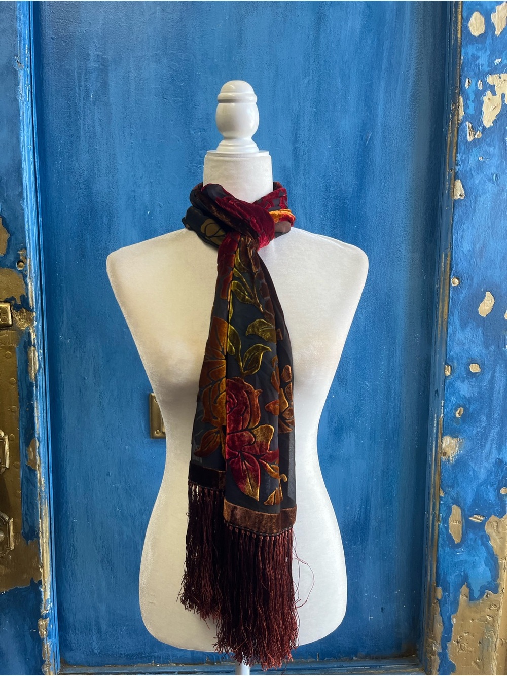 Plush Floral Velvet Fringe Scarf in Deep Red